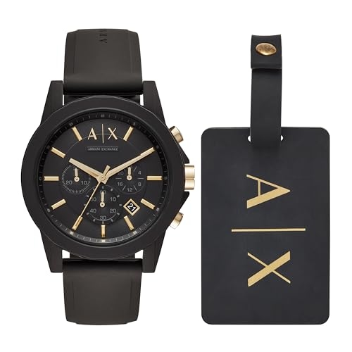 AX Armani Exchange Relógio cronógrafo masculino com pulseira de couro, aço inoxidável ou silicone, Conjunto de presente de relógio e etiqueta de bagagem, Conjunto de presente AX Armani Exchange Relógio cronógrafo masculino com pulseira de couro, aço inoxidável ou silicone, Conjunto de presente de relógio e etiqueta de bagagem, Conjunto de presente