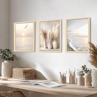 3Pcs Cadre en bois Impression sur Toile Plage Côtière Vague de Mer Tableau Peinture Boho Herbe de la Pampa Océan Tableau Decoration Murale Salon Chambre Maison 90x40cm(12"x16"x3pcs) (Pas de plexiglas)
