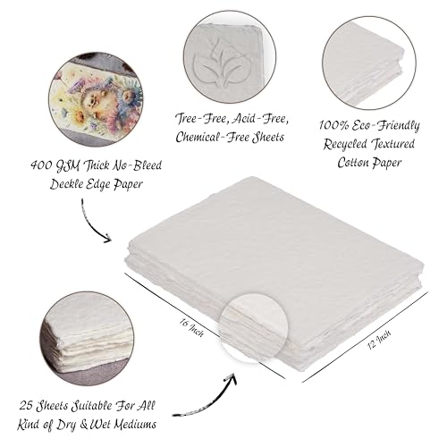 400 GSM / 25 Sheets - Rough/Textured Watercolor Drawing/Sketching Paper - 16"X11.5" - Handmade Deckle Edge Cotton Paper Made from Virgin Egyptian - Off-White by Leather Village - Thumbnail 3