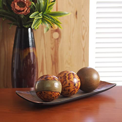 Hosley Brown Hand Painted Pattern Decorative Bowl Tray And Orb Ball Set 15 Inches Long Burlwood Style Finish Ideal Gift For Weddings Party Spa Reiki Meditation Settings O3 #TOP4