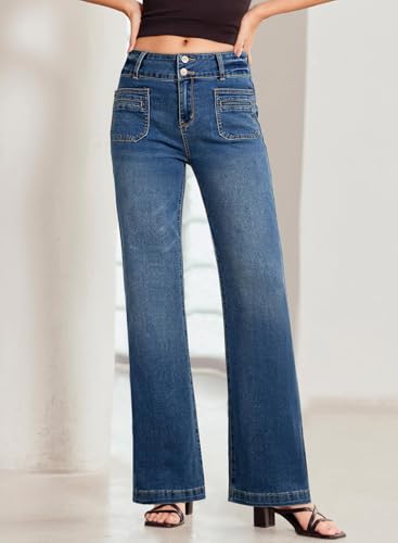 Sidefeel Women's Wide Leg Jeans High Waisted Tummy Control Stretchy Pockets Front Straight Leg Jeans4