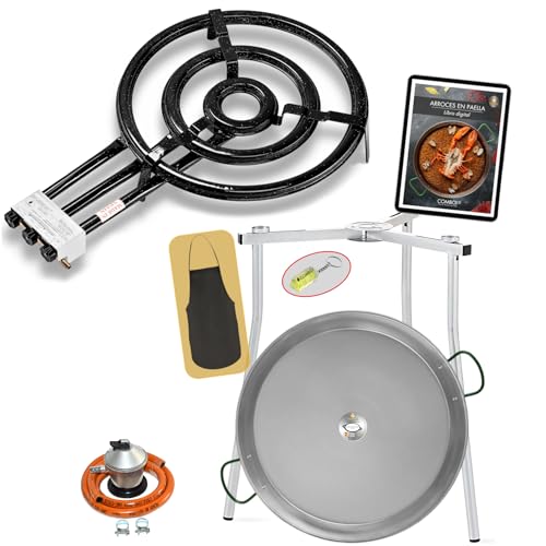 COMBOI Kit Paellero de Gas Profesional - Quemador 53 cm de 3 aros, Paellera de acero pulido 70 cm, regulador, manguera, patas trípode, nivel, delantal, recetario digital (Kit Paellero Pro-T 53 cm)