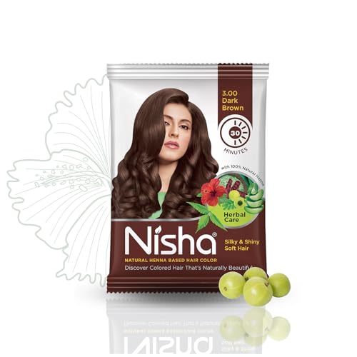 Image of Nisha Natural Henna Powder for Hair Colour, Dark Brown Semi-Permanent Hair Color, Herbal Conditioning Hair Dye for Silky & Shiny Soft Hair for Men & Women 10g (Pack of 10), Ammonia-Free