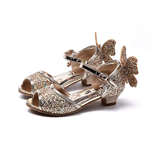 OMEARK Girls Glitter Shoes Sparkly Low Heel Princess Wedding Party Shoes Round Peep Toe Dress Pump Shoes for Kids Toddler with Rhinestone Back Butterfly