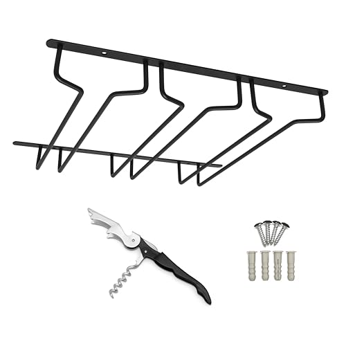 Birdtown Traders 3-Row Wine Glass Rack-Under Shelf Hanging Stemware Holder Storage for 9-12 Glasses Black Metal Organiser for Kitchen and Bar with Hardware to Mount Under Cabinet & Bonus Corkscrew