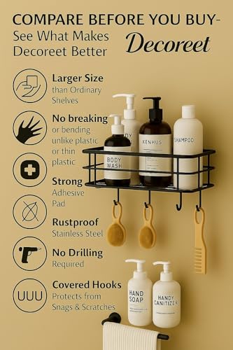 Image of Wall Shelf | GI Steel Self Adhesive Bathroom Organiser with 4 Hooks | No Drill, Black | 28 cm x 10 cm x 6.5 cm