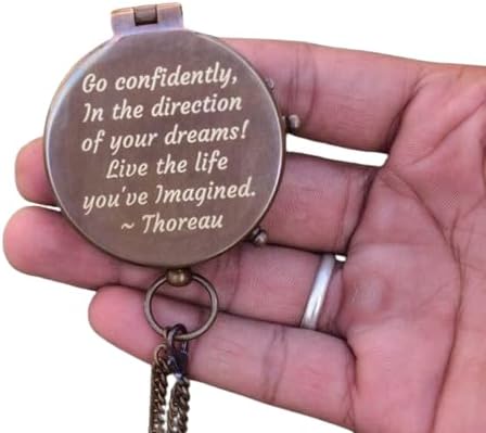 Vintage Brass Poem Engraved Compass with Chainmail 2.5 Inches Push Open Pocket Compass for Navigation Traveling Camping Hiking Marine Tool