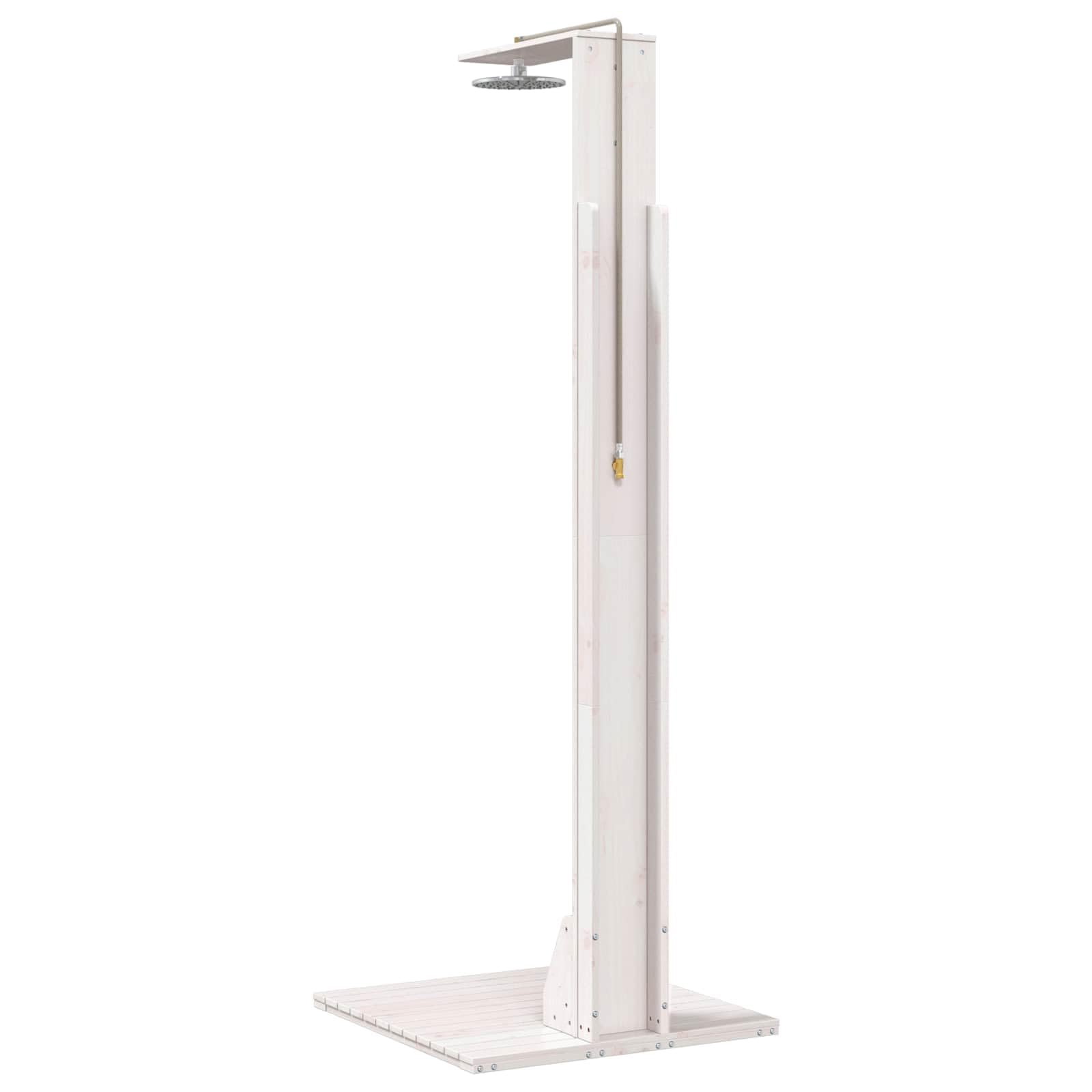 Doccia da esterno in legno massello di pino e acciaio inox, bianco, 214,5 cm, resistente alle intemperie, regolabile in altezza, soffione girevole adatto per giardino, piscina, spa, jacuzzi