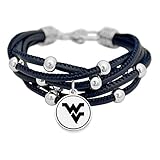 FTH Women’s Bracelet, Leather Cord Bracelet with Silver Beads and Team Logo Charm, Officially Licensed NCAA Women’s Jewelry, 7.5 Inch (West Virginia Mountaineers)