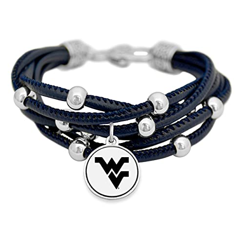 FTH Women’s Bracelet, Leather Cord Bracelet with Silver Beads and Team Logo Charm, Officially Licensed NCAA Women’s Jewelry, 7.5 Inch (West Virginia Mountaineers)