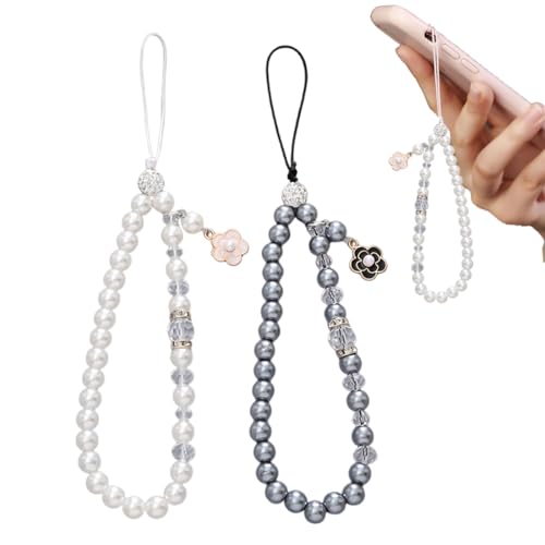 2 Piezas Cadena para teléfono móvil universal, Cordón acrílico, correa de teléfono móvil, correa de muñeca, cordón colgante, accesorios de cadena de teléfono (Perlas Blancas y Grises)