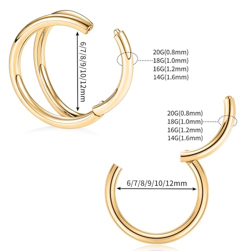 GAGABODY 2 Pcs Nose Rings 20G 18G 16G 14G 12G 10G 8G Surgical Steel Piercing Rings for Nose Septum Cartilage Helix Tragus Conch Rook Daith Lobe from 5mm to 16mm Seamless Hoop Unisex Hinged Earrings3