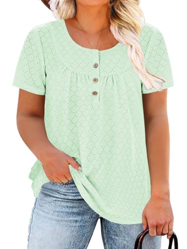 Image of VISLILY Womens-Plus-Size-Summer-Tops Buttons Up Henley Shirts Flowy Pleated Tunics Trendy Eyelet Short Sleeve Blouses