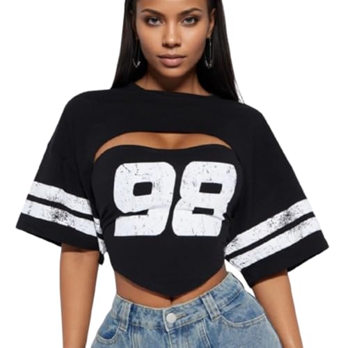 AQMR Cropped Jersey for Women Sexy Graphic Number Print Short Sleeve Slim fit Hollow Out top Streetwear Hip pop Sport Outfit
