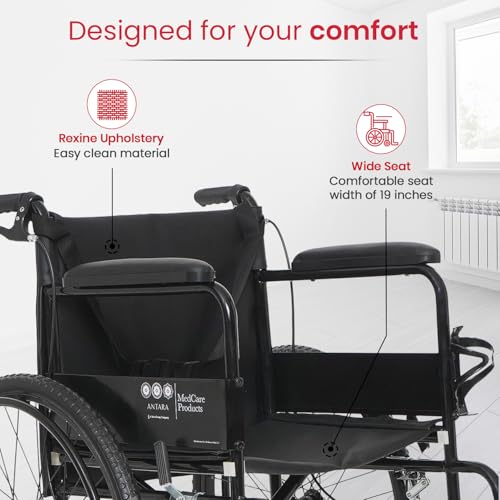 Image of Antara AGEasy (Max Group) Foldable Wheelchair for Adults, Elderly & Patients | Wide Seat, Spoke Wheels, Adjustable Footrest & Safety Belt (WheelAssist Pro - Black)