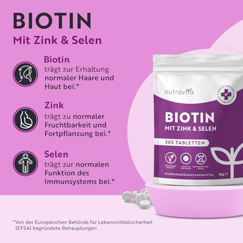 Biotin + Selen + Zink Tabletten für Haut, Haare & Nägel - 365 vegane Tabletten für 1 Jahr - Haar Vitamine für Haarwachstum - Biotin Zink Selen Hochdosiert - Laborgeprüft - Nutravita