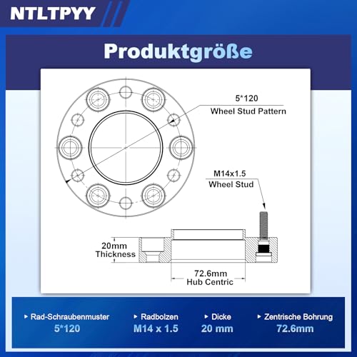 2PCS 5 x 120mm Spurverbreiterung, 20mm Spurplatten für BMW E81 E82 E87 E88 E36 E46 E90 E91 E92 E93 E12 E28 E34 E60 E32 E31 M3 M5 M6 X1 Z3 Z4, 10pcs M14x1.5 Stehbolzen & Nabenbohrung 72.6mm