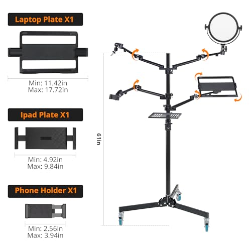 Image of GVM 5-in-1 Movable Live Streaming Floor Stand Kit with Wheels, Overhead Camera Mount with 10 inch LED Key Light /Mic Boom Arm /Tablet Laptop Phone Stand /Tray for Live Broadcast Podcast Video Recording Game