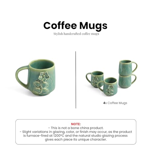 Image of ExclusiveLane 'Sage Serenity' Hand-Embossed Ceramic Coffee Mug Ceramic Mugs for Milk Chai Tea Cup (Set of 4, 330 ML, Microwave Safe)