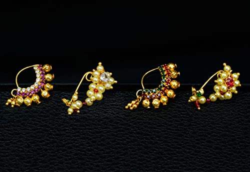 Image of Medium Size Traditional Maharashtrian Banu Nath Nose Stud without piercing Pearl Gold Plated Nath Combo Clip On Nose Ring For Women