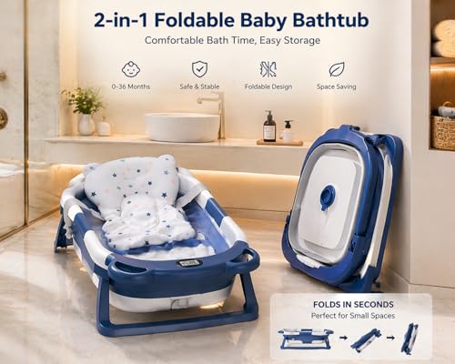 Image of TINSY Foldable Baby Bath Tub with Built-in Water Thermometer & Soft Head Support Pillow | Portable Newborn Bathtub | Anti-Slip Legs | Space-Saving Infant Bath Tub for Babies & Toddlers | Midnight Blue