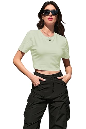 Image of Betusline Girls & Women Basic Summer Short Sleeve Slim Fit T-Shirts Soft Crewneck Crop Y2k Tee Cute Gym Fashion Clothes
