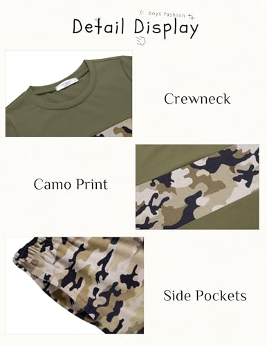 Image of Arshiner Boys' 2-Piece Cotton Outfit Color Block T-Shirt and Shorts Set Summer Camo Clothes for Kids 5-14 Years