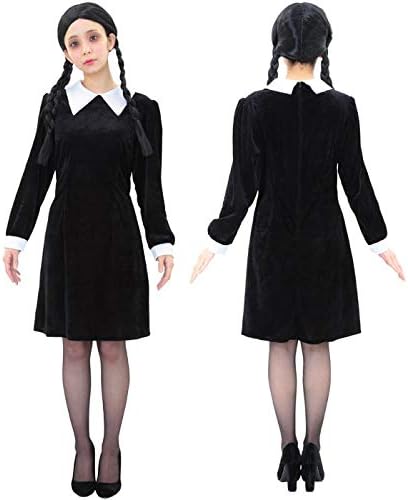 Amazon ウィッグ付き ベルベットワンピースガール ゴースト 幽霊 ゾンビ お化け ホラー 怖い 魔女 悪魔 ワンピース 大人 アダムスファミリー ウェンズデーアダムス かわいい コスプレ コスプレ衣装 コスチューム ハロウィン 忘年会 仮装 衣装 即納 S Cs 6g127