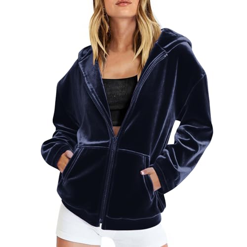 Zeiayuas Ladies Velvet Hoodies Zip up Oversized Winter Warm Fleece Coat Women Casual Loose Fit Jackets with Pockets Fuzzy Fluffy Hooded Sweatshirt Teddy Faux Fur Hoodies Blanket Navy