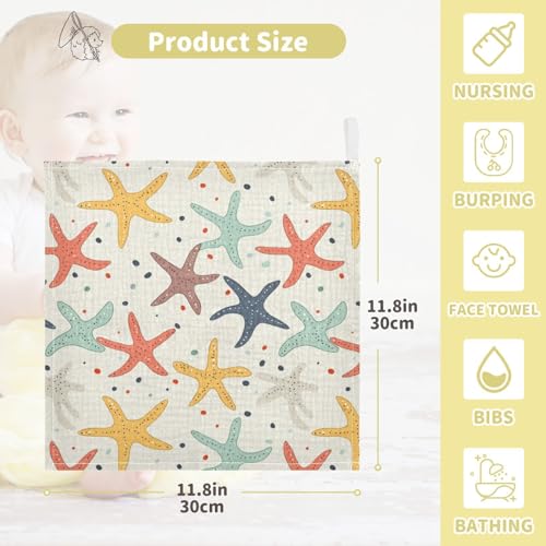 Image of vvfelixl Colorful Starfish Baby Burp Cloths Baby Muslin Washcloths for Boys Girls Cotton Babys Face Towel for Newborn Infants Soft and Absorbent 11.8 X 11.8 in, 5 Pack