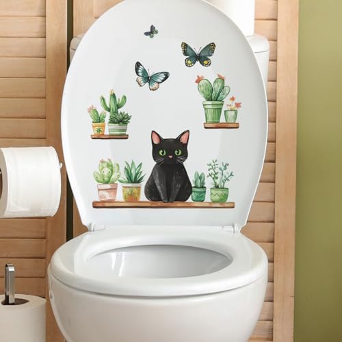 Vinilo Decorativo Gato Negro con Cactus y Mariposas miniatura 3