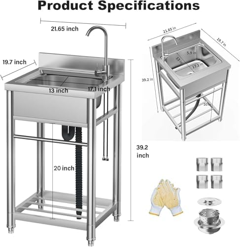 Utility Sink Standing Stainless Steel with Countertop Single Bowl Commercial Kitchen Sink Workbench/Drainboard for Commercial Restaurant Kitchen Laundry Room Backyard Outdoor (50 cm x 55 cm x 99.5 cm) — view 2