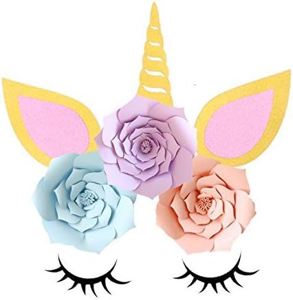 JUN DIY Gold Unicorn Large Horn Ears Eyelashes Peony Flower Set, Unicorn Party Background Wall Decor for Unicorn Birthday Baby Shower Dessert Table Decorations Girl Room Decor