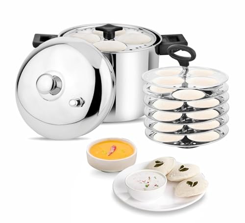 Image of VARCHAS Stainless Steel Idli Cooker with 6 Plates and Lid | 24 Idlis | Idly Maker | Silver | Gas and Induction | Holder /Lifter