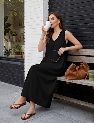 Image of Livtany Women's Scoop Neck Ruched Maxi Dress Flowy Swing Wide Straps Long Dress Casual Sleeveless Sundress with Side Pockets