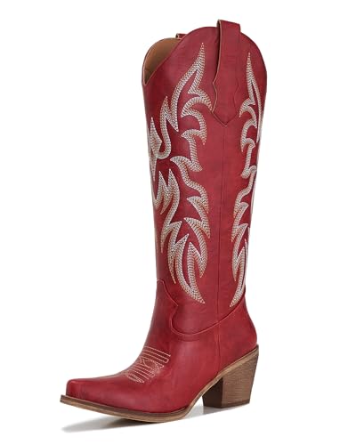 AITTA Cowboy Boots for Women – Western Knee High Cowgirl Boots with Pointed Toe, Chunky Heel & Side Zipper, Retro Country Vintage Tall Fashion Boots, Red, Size 10