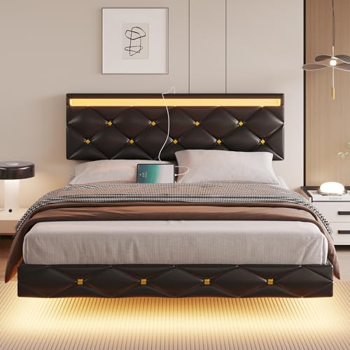 DICTAC Queen Floating Bed Frame with Headboard, Type-C and USB Ports Queen Size Upholstered Platform Bed Frame with Led Lights Faux Leather Low Profile Visual Floating Bed,No Box Spring Needed,Black - Thumbnail 3