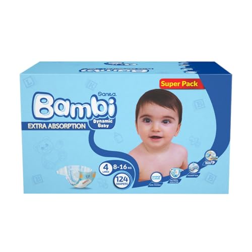 Sanita Bambi Baby Diapers Size 4 8-16 kg Skin-Friendly with Hypoallergenic Inner layer Wetness Indicator Leakage Protection & Comfort - Super Pack 124 Count
