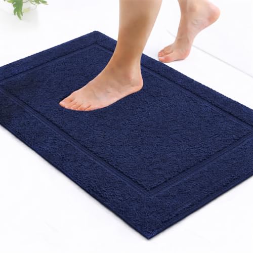 Image of Premium Combed Cotton Tufted Bathmat 45 x 65 cm, 1800 GSM Soft Absorbent Anti Skid Bathroom Floor Mat with Latex Backing, Quick Dry Non Slip Bath Rug for Shower and Daily Use, Race Track Navy