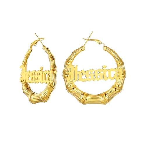 U7 Bamboo Earrings for Women 18K Gold Plated/Stainless Steel/Personalized Black Statement Extra Large Hoop Earrings 80s 90s Custom Name Huggie Earring