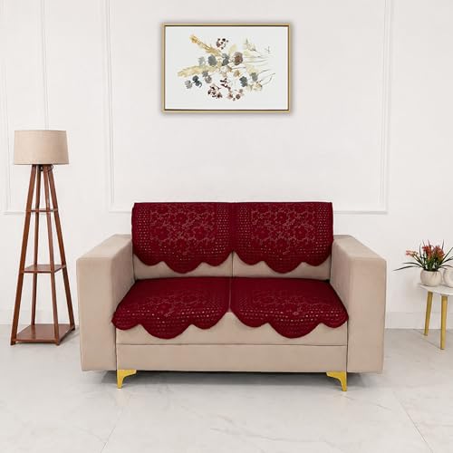 Image of Homerz Premium 'Surya Series' Sofa Cover | Stylish Sofa Protector | Net Fabric | Anti-Stain & Washable Slip Cover Exact Size Antislip (Flower Valley Maroon, 2 Seater, Seat Cover with Backrest)