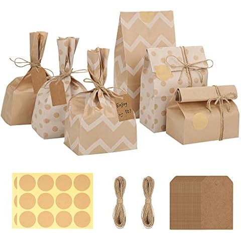 Livememory 24 Pcs Party Paper Bags, Party Bags for Kids Party Small Gift Bags with Stickers - W13cm x H24cm x D8cm (Style: Waves, Dots, Blank) Cover