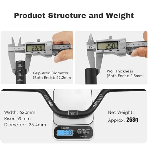 PLATT 25.4/31.8mm Mountain Bike Handlebar/Riser Handlebar - (30mm, 35mm, 50mm, 70mm, 90mm, 120mm, 160mm) High-Rise Aluminum Alloy MTB Handlebar (25.4mm-620mm, 90mm Rise)