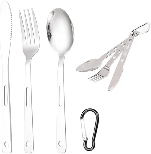 3 Pcs Travel Camping Cutlery Set Travel Camping Flatware Dinnerware Tableware Kit for One Knife, Fork and Spoon Set with Carabiner for Hiking and Travel