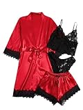 WDIRARA Women' Silk Satin Pajamas Set 4pcs Lingerie Floral Lace Cami Sleepwear with Robe Red Black L