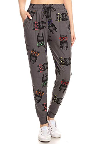 Leggings Depot Jga-R718-L Hipster Frenchie Print Jogger Pants W/Pockets, Large #TOP1