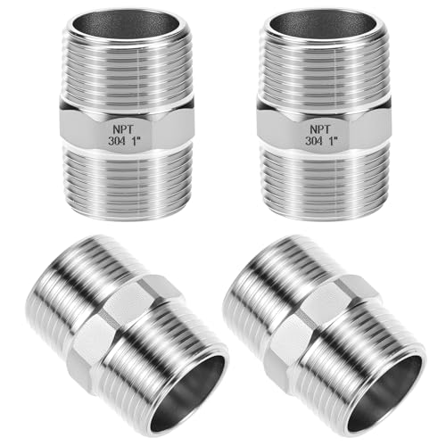 QWORK 304 Stainless Steel Hex Nipple Pipe Fitting, 4 Pack, 1 Male x 1 Male NPT Threaded, MNPT Equal Nipples Straight Connector, 150 PSI Max
