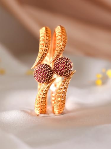 Image of Rubans Set of 2 22K Gold-Plated Stylish Stone Studded Traditional Bangles for Womens & Girls