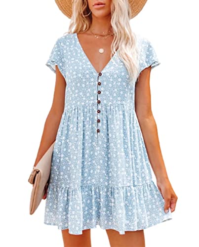 Annystore Women Summer Short Sleeve V Neck Ruffle Button Up Cute Sundress Flowy Shift Mini Dress Sky Blue XL