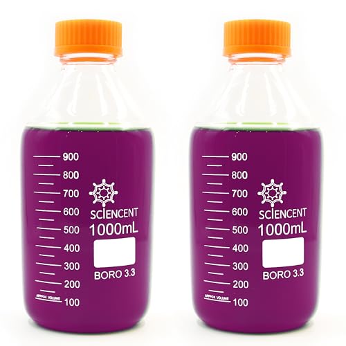 (Pack of 2) 1000ml Leak Proof Glass Round Media Storage Bottle Super Thick Graduated with GL45 Screw Cap Durable 1 liter glass bottle